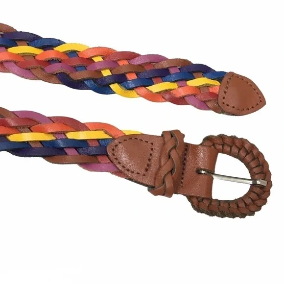 VINTAGE Belt Leather Braided Woven Rainbow Multicolor Boho Festival Plus Size 1X
